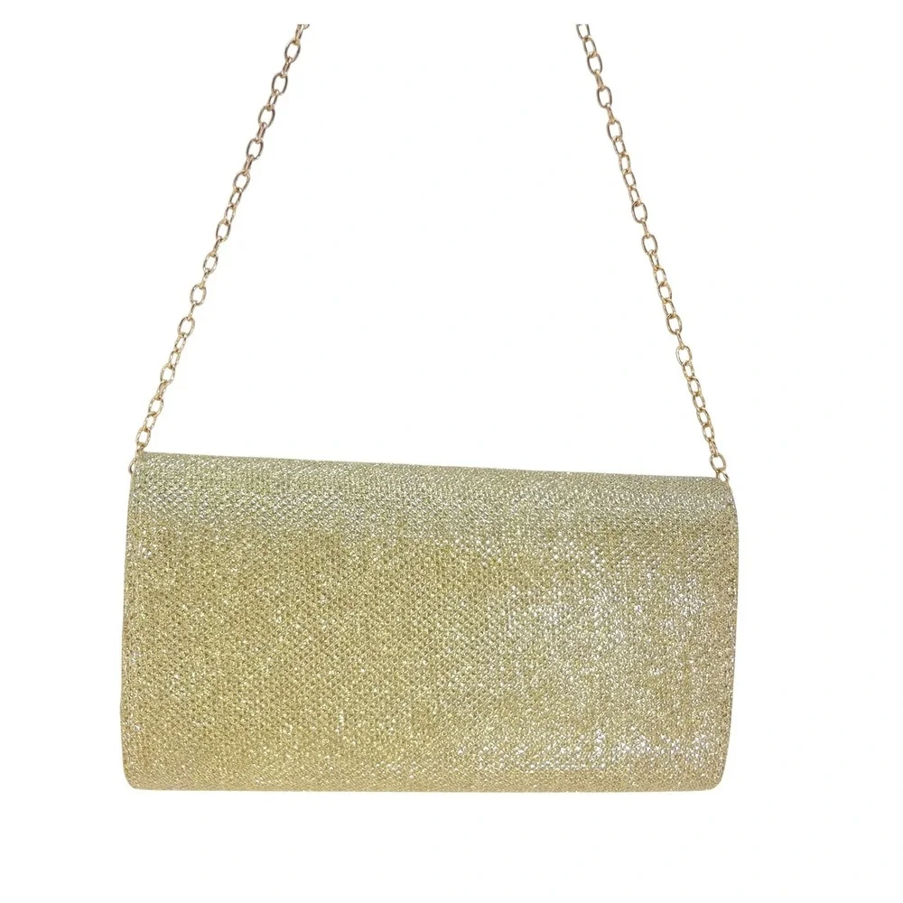Evening Clutch Shoulder Bag Women Gold NEW‎ Glitter Detachable Chain Strap